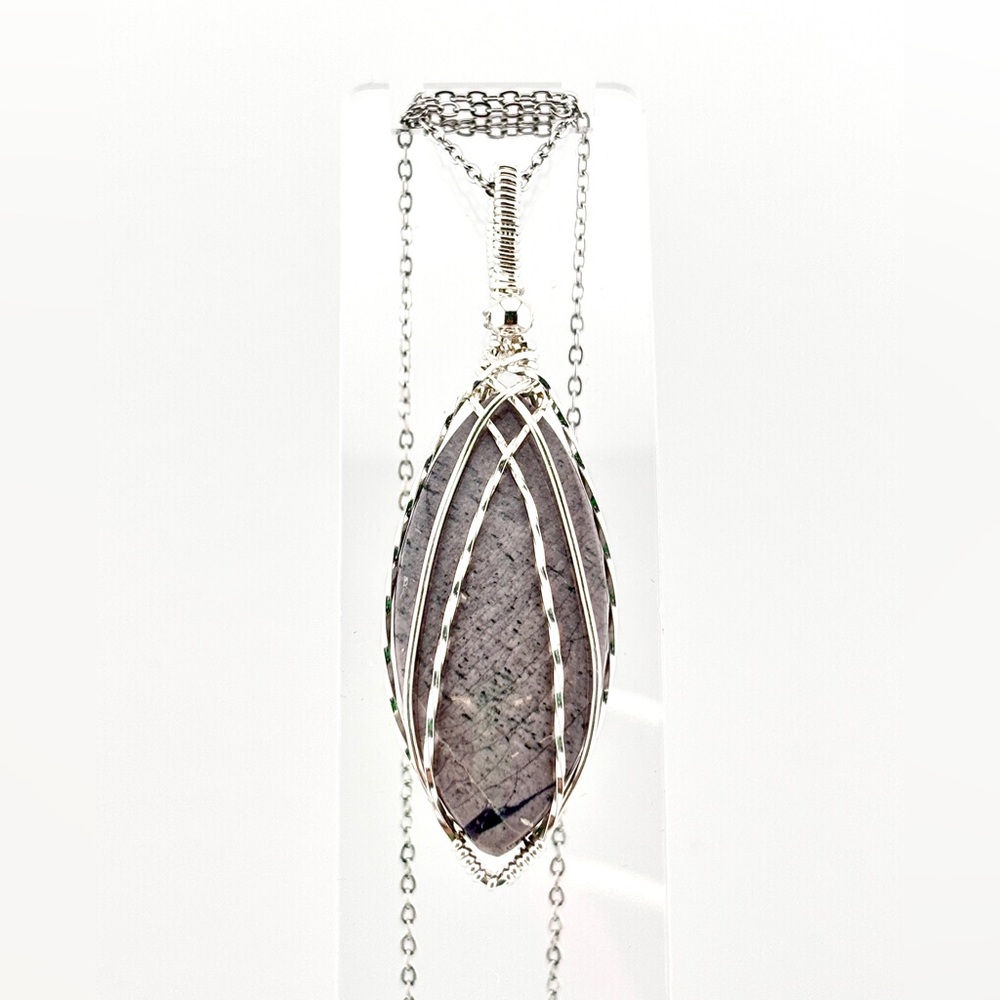 HANDMADE Jasper Cloud Stone Silver Filled Wire Wrapped Pendant Necklace